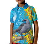 New Zealand Kokako Bird Kid Polo Shirt Maori Koru With Kowhai Flowers - Aussie Hoodie