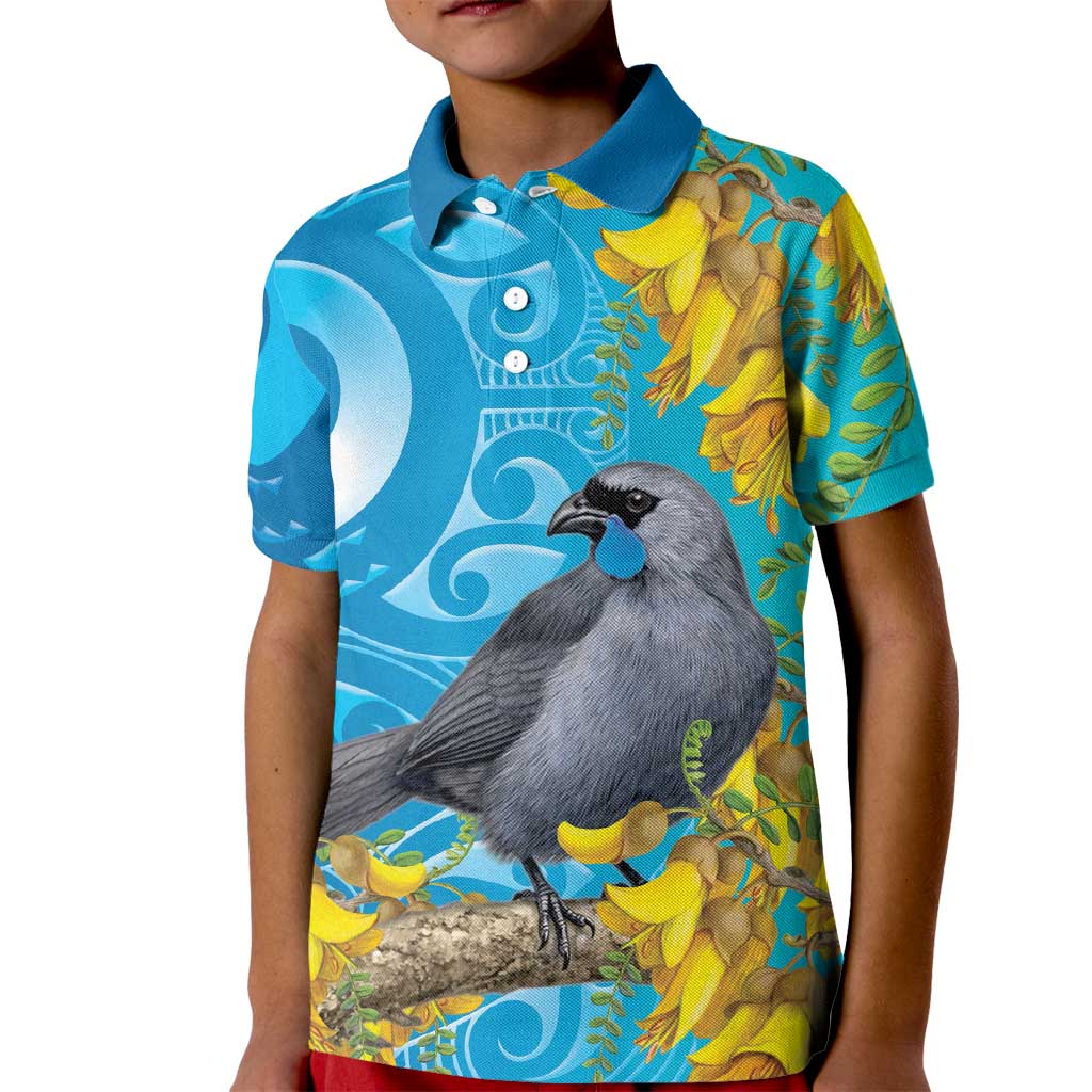 New Zealand Kokako Bird Kid Polo Shirt Maori Koru With Kowhai Flowers - Aussie Hoodie