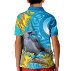 New Zealand Kokako Bird Kid Polo Shirt Maori Koru With Kowhai Flowers - Aussie Hoodie