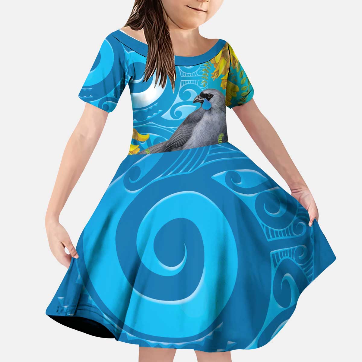 New Zealand Kokako Bird Kid Short Sleeve Dress Maori Koru With Kowhai Flowers - Aussie Hoodie