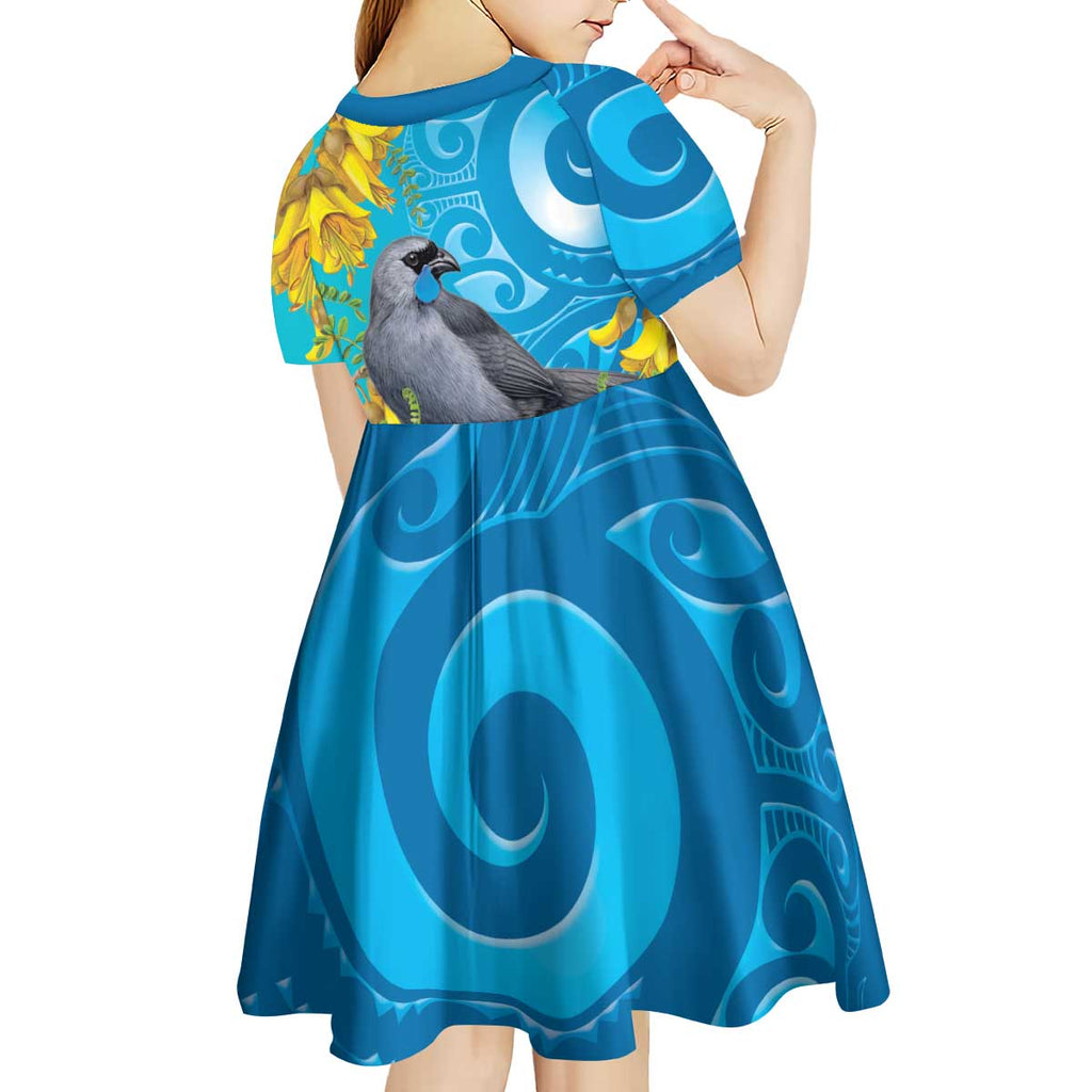 New Zealand Kokako Bird Kid Short Sleeve Dress Maori Koru With Kowhai Flowers - Aussie Hoodie
