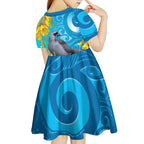 New Zealand Kokako Bird Kid Short Sleeve Dress Maori Koru With Kowhai Flowers - Aussie Hoodie