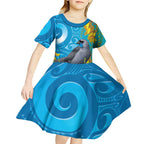 New Zealand Kokako Bird Kid Short Sleeve Dress Maori Koru With Kowhai Flowers - Aussie Hoodie