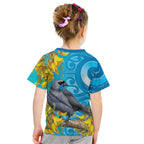 New Zealand Kokako Bird Kid T Shirt Maori Koru With Kowhai Flowers - Aussie Hoodie