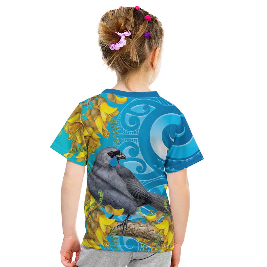 New Zealand Kokako Bird Kid T Shirt Maori Koru With Kowhai Flowers - Aussie Hoodie