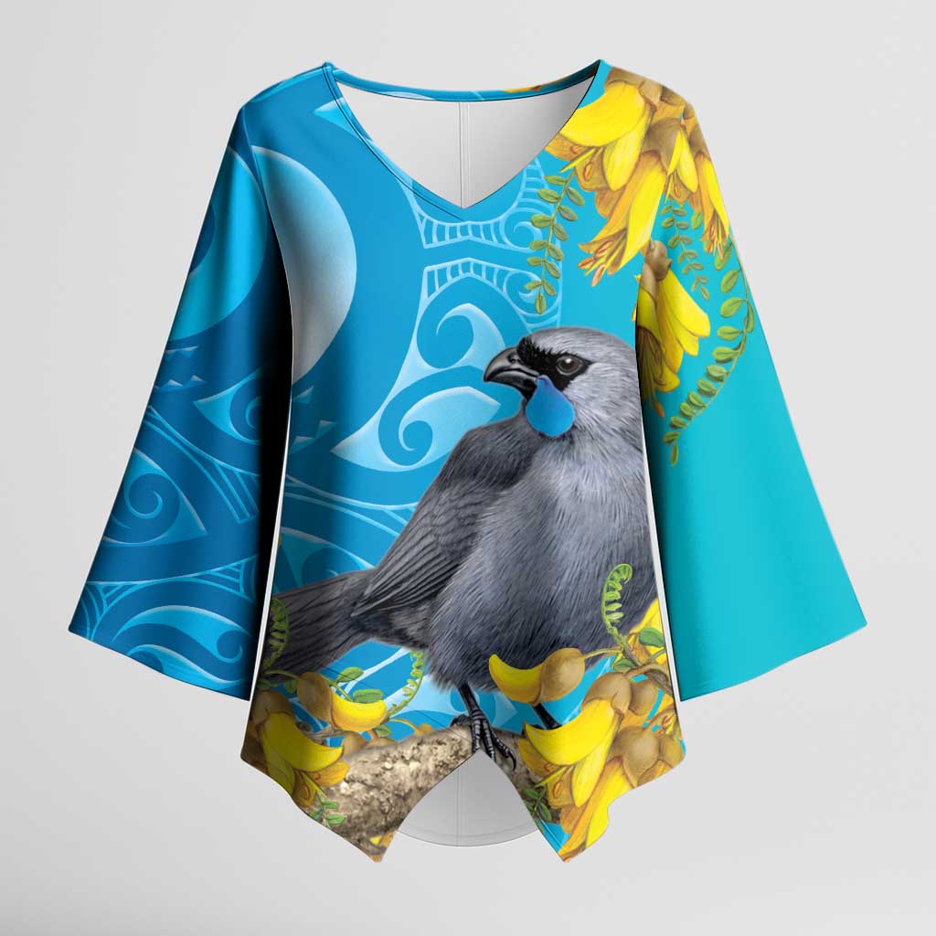 New Zealand Kokako Bird Kimono Sleeve Blouse Maori Koru With Kowhai Flowers - Aussie Hoodie