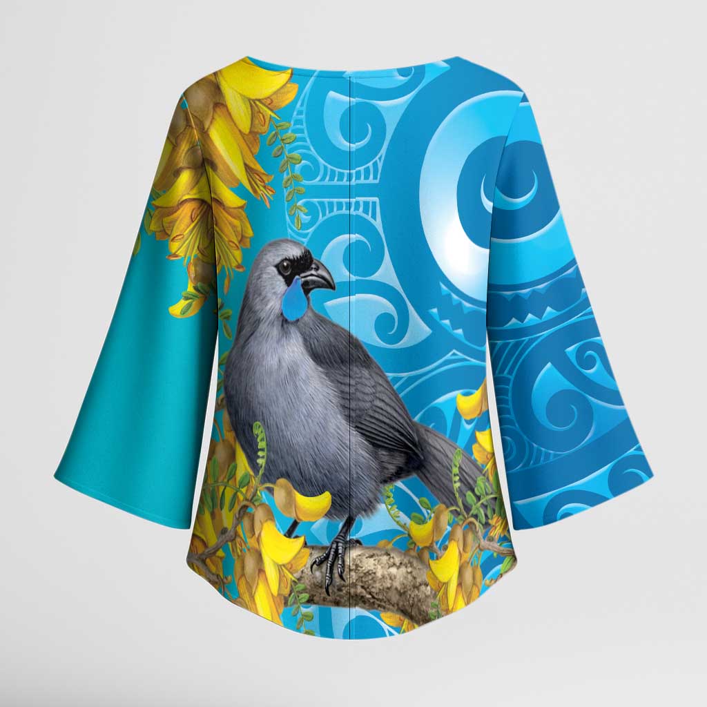New Zealand Kokako Bird Kimono Sleeve Blouse Maori Koru With Kowhai Flowers - Aussie Hoodie