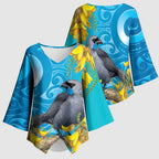 New Zealand Kokako Bird Kimono Sleeve Blouse Maori Koru With Kowhai Flowers - Aussie Hoodie