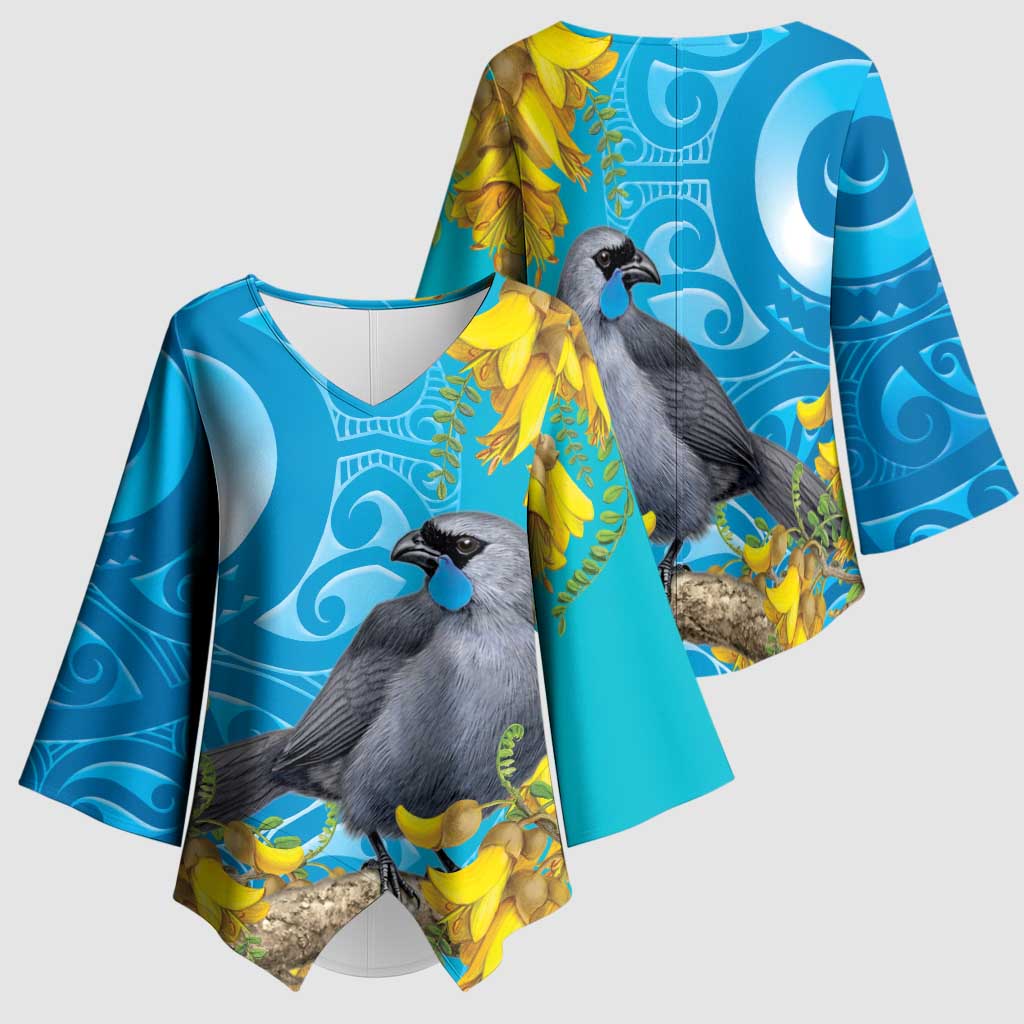 New Zealand Kokako Bird Kimono Sleeve Blouse Maori Koru With Kowhai Flowers - Aussie Hoodie