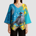 New Zealand Kokako Bird Kimono Sleeve Blouse Maori Koru With Kowhai Flowers - Aussie Hoodie