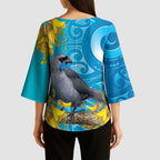 New Zealand Kokako Bird Kimono Sleeve Blouse Maori Koru With Kowhai Flowers - Aussie Hoodie