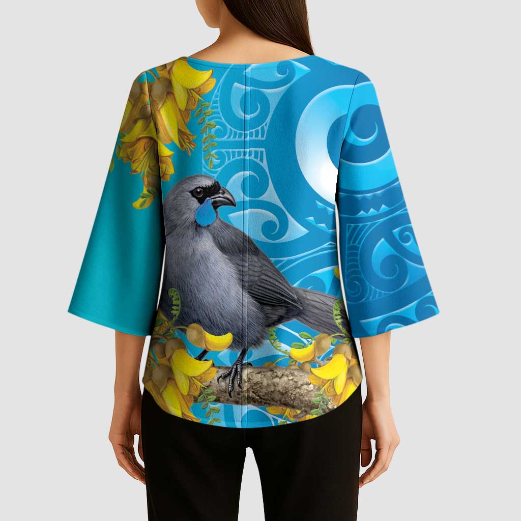 New Zealand Kokako Bird Kimono Sleeve Blouse Maori Koru With Kowhai Flowers - Aussie Hoodie