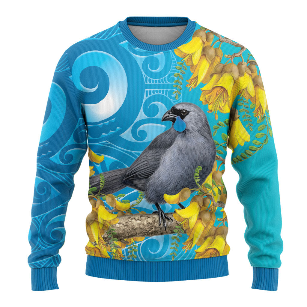 New Zealand Kokako Bird Ugly Christmas Sweater Maori Koru With Kowhai Flowers