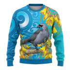 New Zealand Kokako Bird Ugly Christmas Sweater Maori Koru With Kowhai Flowers