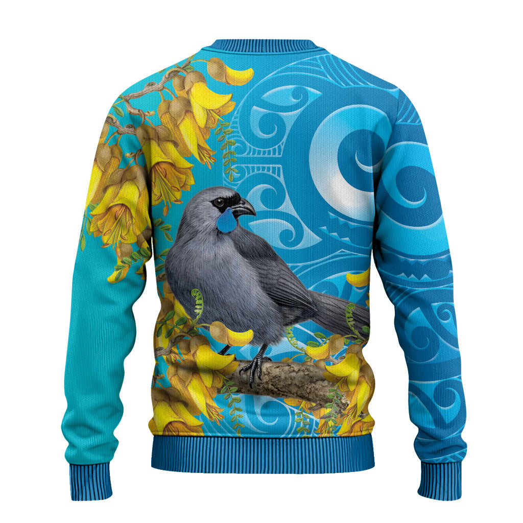 New Zealand Kokako Bird Ugly Christmas Sweater Maori Koru With Kowhai Flowers