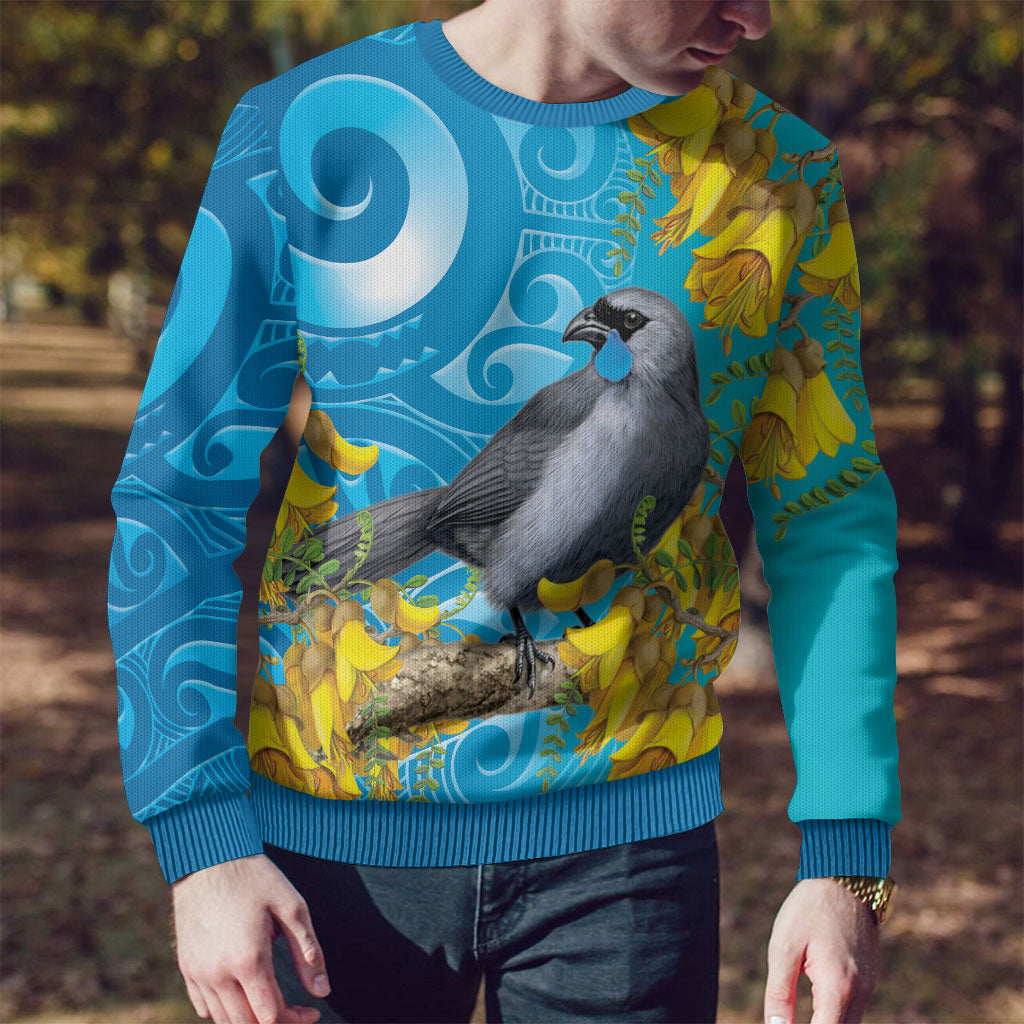 New Zealand Kokako Bird Ugly Christmas Sweater Maori Koru With Kowhai Flowers