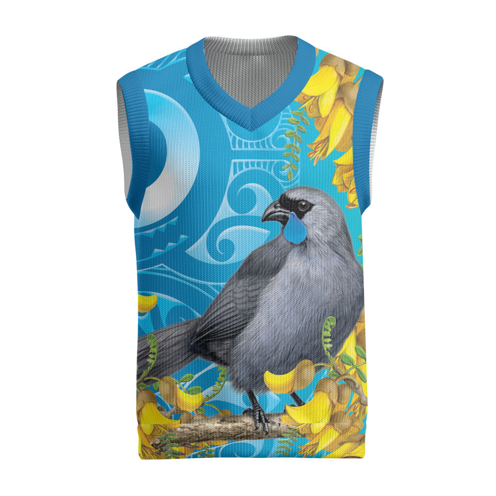 New Zealand Kokako Bird Christmas Knitted V-Neck Vest Maori Koru With Kowhai Flowers