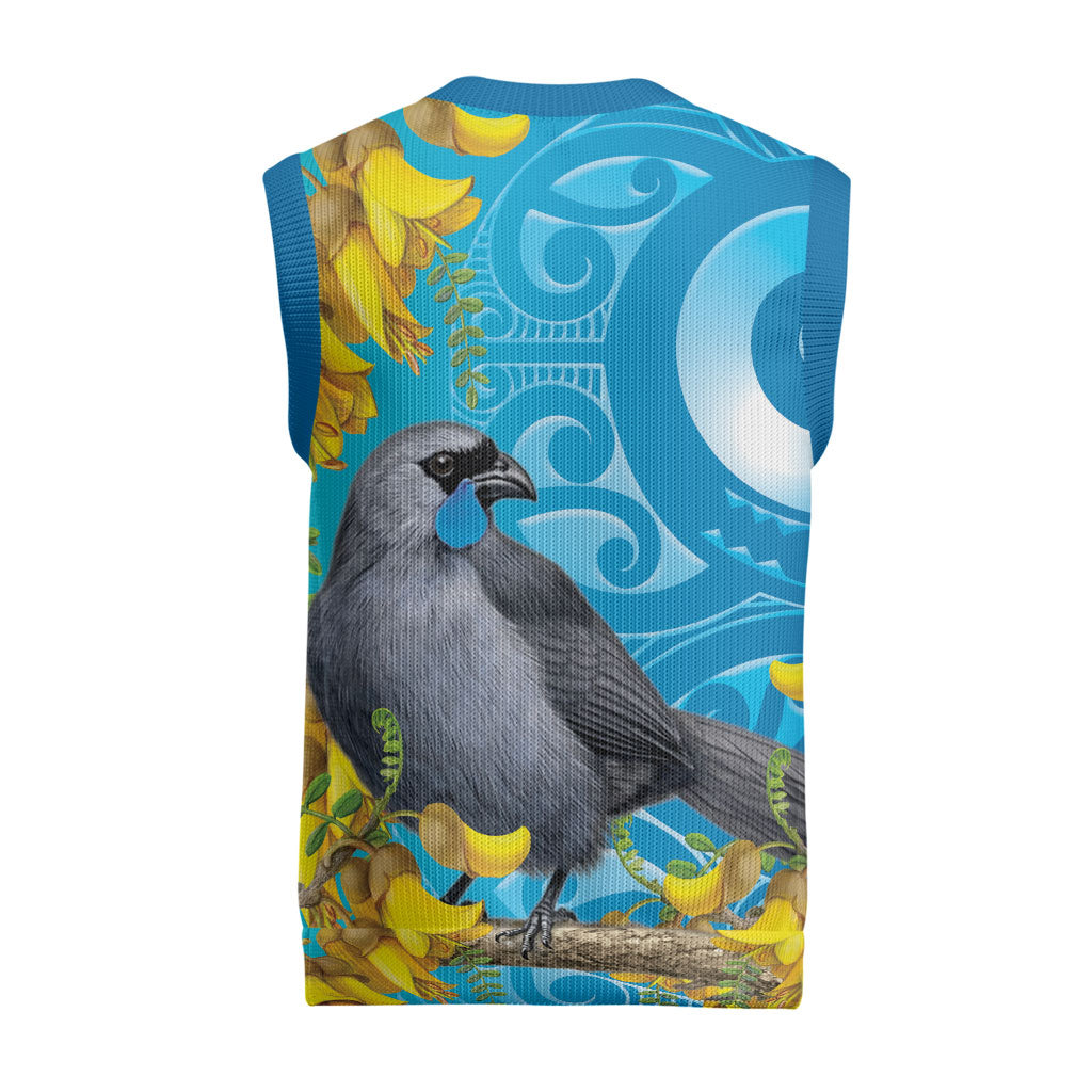 New Zealand Kokako Bird Christmas Knitted V-Neck Vest Maori Koru With Kowhai Flowers