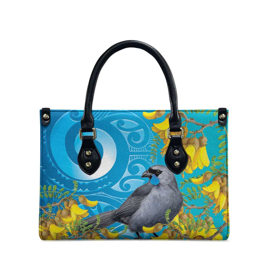 New Zealand Kokako Bird Leather Bag Maori Koru With Kowhai Flowers - Aussie Hoodie