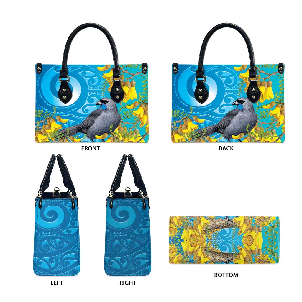 New Zealand Kokako Bird Leather Bag Maori Koru With Kowhai Flowers - Aussie Hoodie