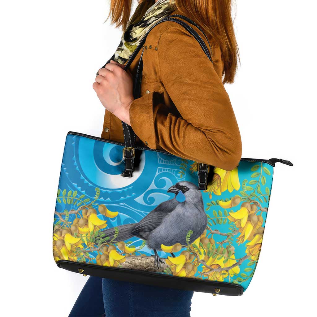 New Zealand Kokako Bird Leather Tote Bag Maori Koru With Kowhai Flowers - Aussie Hoodie