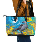 New Zealand Kokako Bird Leather Tote Bag Maori Koru With Kowhai Flowers - Aussie Hoodie