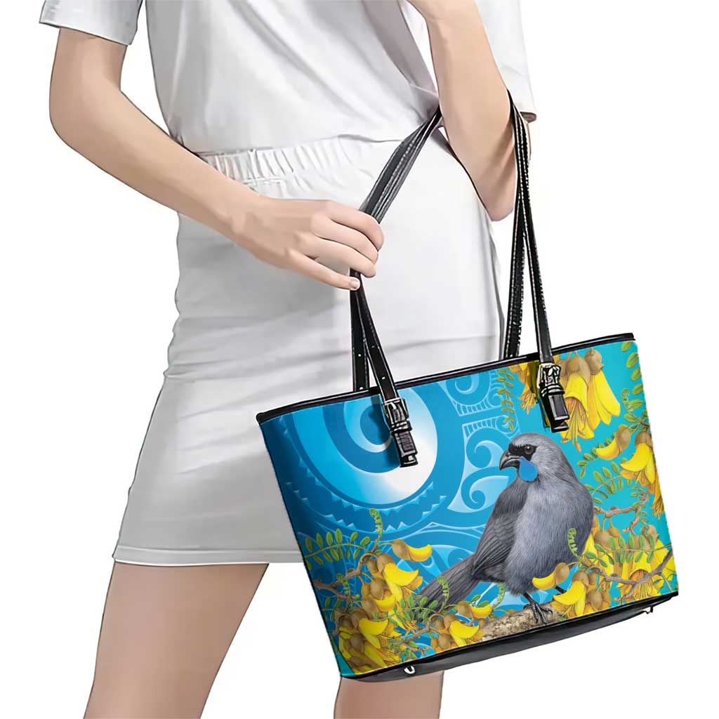 New Zealand Kokako Bird Leather Tote Bag Maori Koru With Kowhai Flowers - Aussie Hoodie