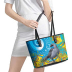 New Zealand Kokako Bird Leather Tote Bag Maori Koru With Kowhai Flowers - Aussie Hoodie