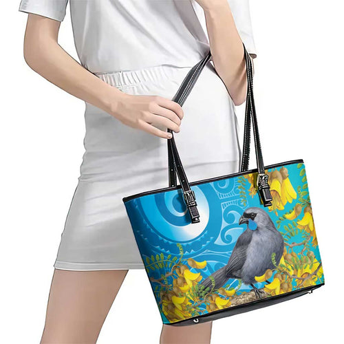 New Zealand Kokako Bird Leather Tote Bag Maori Koru With Kowhai Flowers - Aussie Hoodie