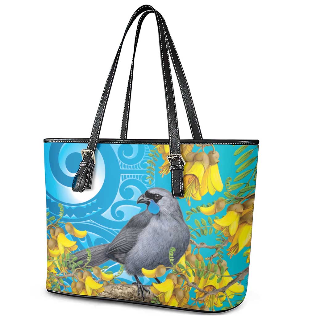 New Zealand Kokako Bird Leather Tote Bag Maori Koru With Kowhai Flowers - Aussie Hoodie