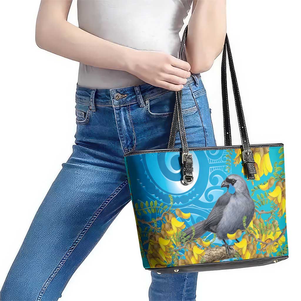 New Zealand Kokako Bird Leather Tote Bag Maori Koru With Kowhai Flowers - Aussie Hoodie