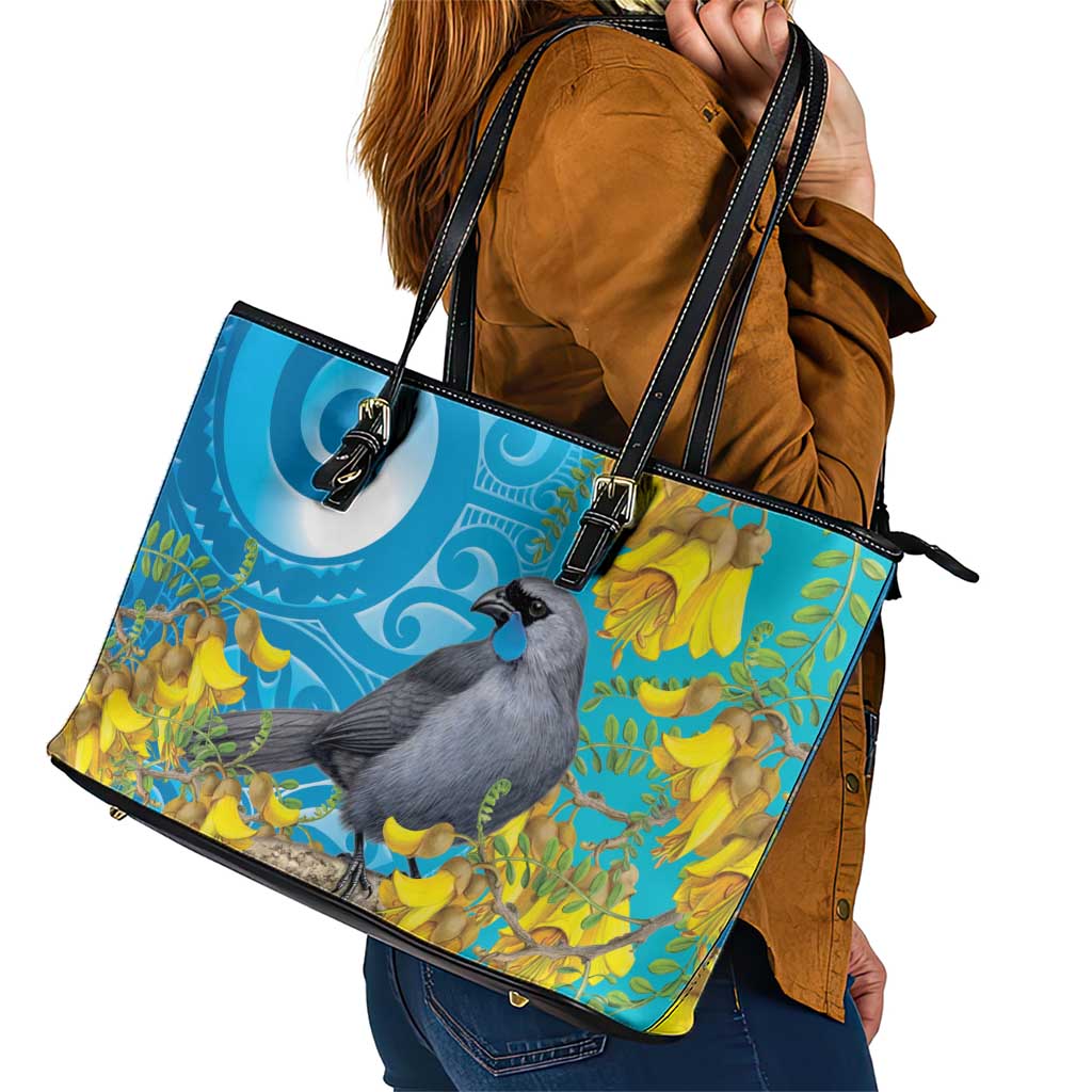 New Zealand Kokako Bird Leather Tote Bag Maori Koru With Kowhai Flowers - Aussie Hoodie