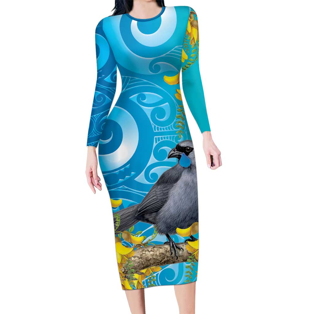 New Zealand Kokako Bird Long Sleeve Bodycon Dress Maori Koru With Kowhai Flowers - Aussie Hoodie