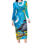 New Zealand Kokako Bird Long Sleeve Bodycon Dress Maori Koru With Kowhai Flowers - Aussie Hoodie