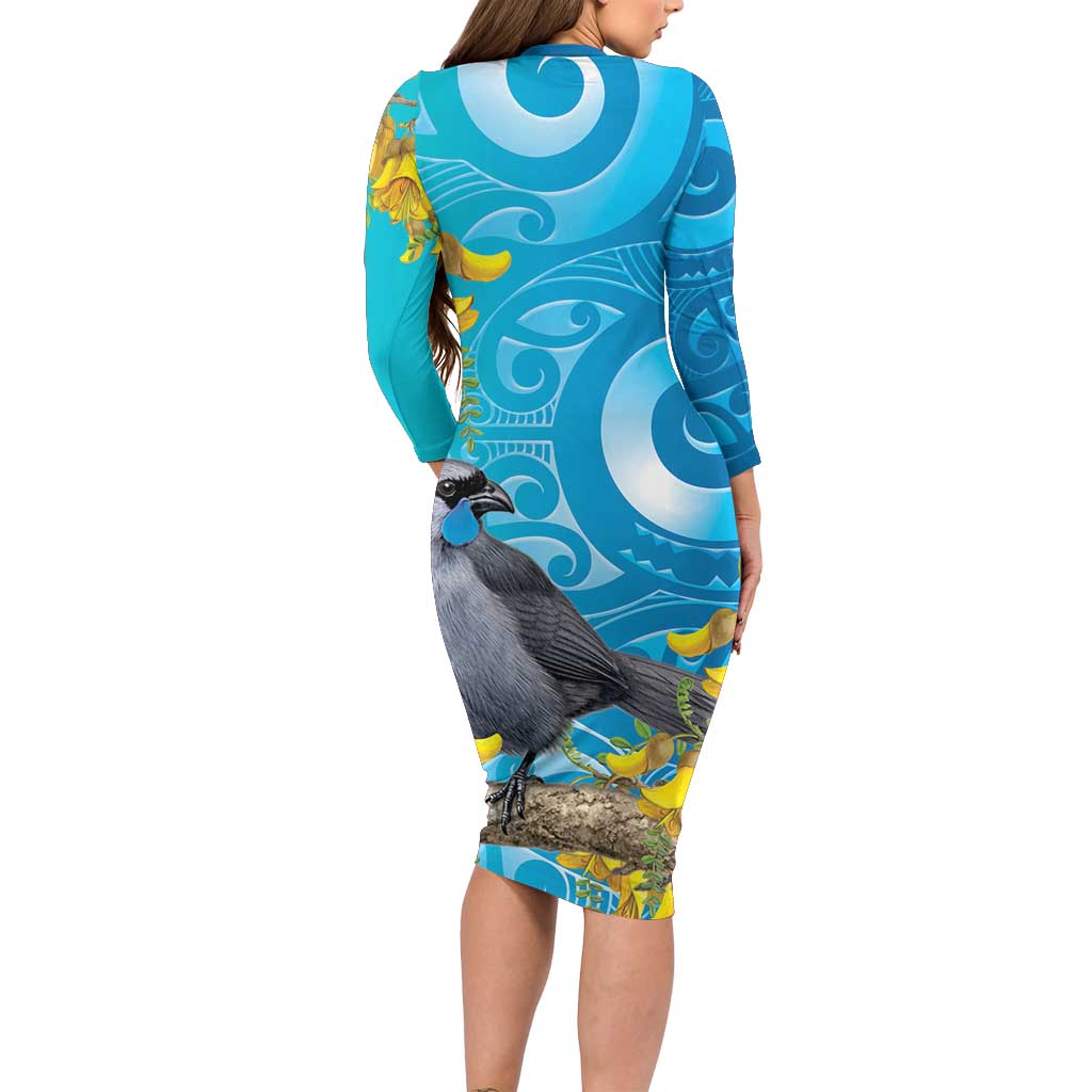 New Zealand Kokako Bird Long Sleeve Bodycon Dress Maori Koru With Kowhai Flowers - Aussie Hoodie