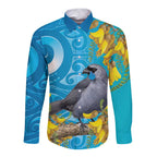New Zealand Kokako Bird Long Sleeve Button Shirt Maori Koru With Kowhai Flowers - Aussie Hoodie