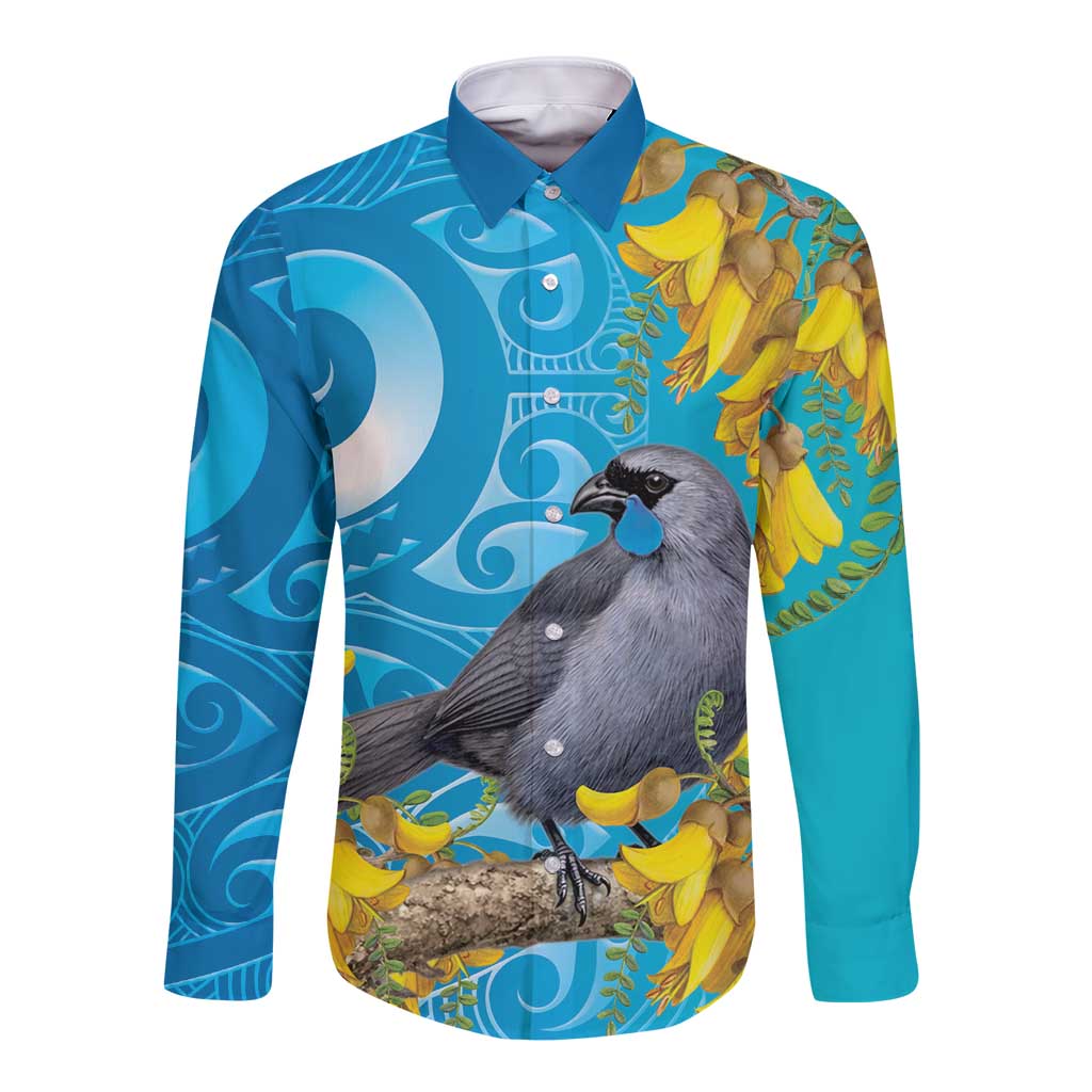 New Zealand Kokako Bird Long Sleeve Button Shirt Maori Koru With Kowhai Flowers - Aussie Hoodie