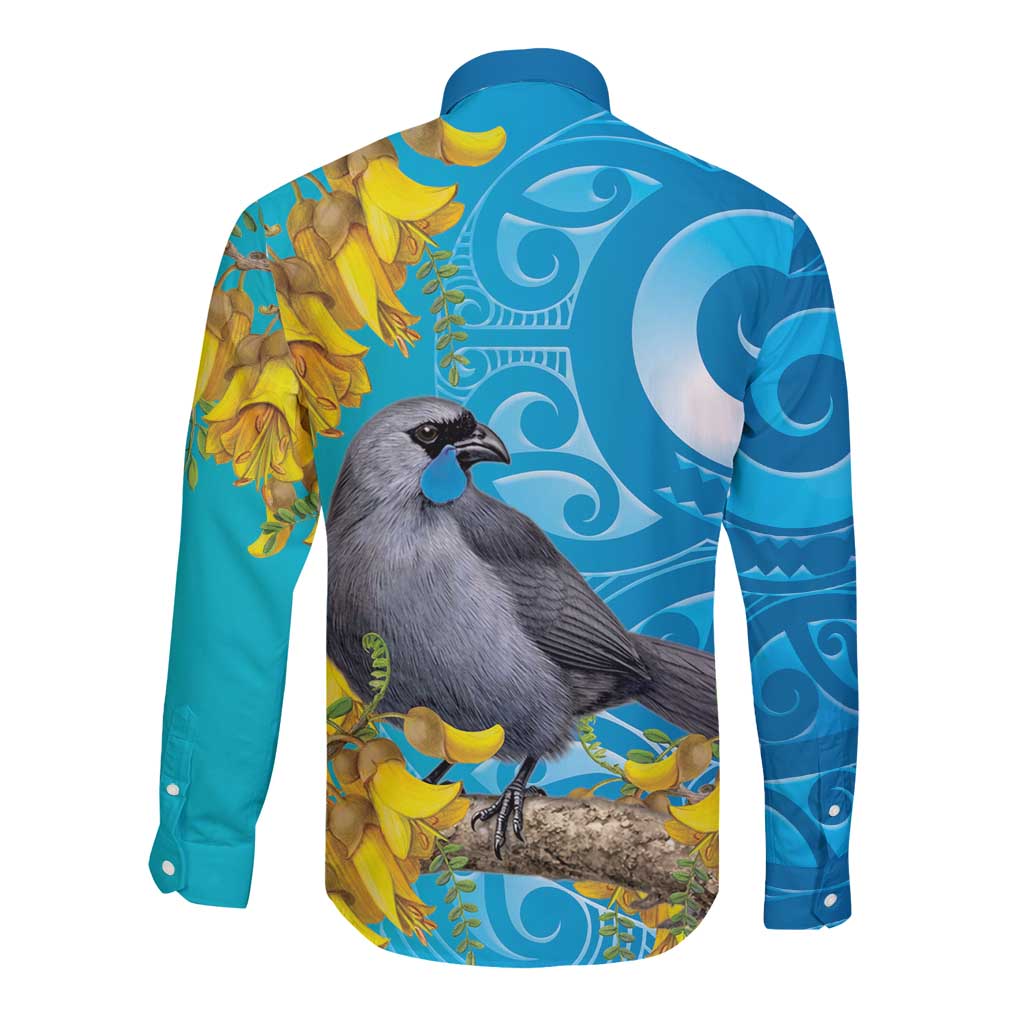 New Zealand Kokako Bird Long Sleeve Button Shirt Maori Koru With Kowhai Flowers - Aussie Hoodie
