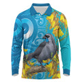 New Zealand Kokako Bird Long Sleeve Polo Shirt Maori Koru With Kowhai Flowers - Aussie Hoodie