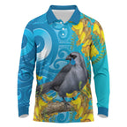 New Zealand Kokako Bird Long Sleeve Polo Shirt Maori Koru With Kowhai Flowers - Aussie Hoodie