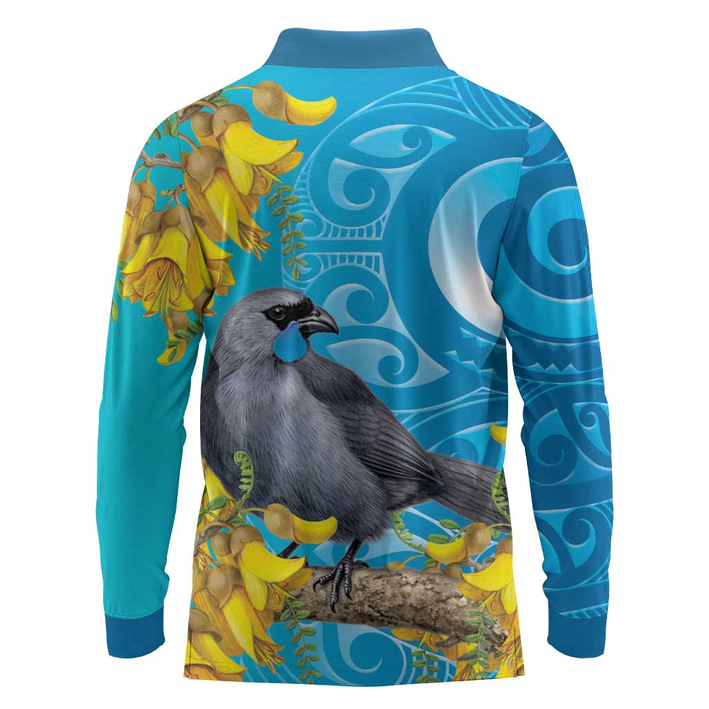 New Zealand Kokako Bird Long Sleeve Polo Shirt Maori Koru With Kowhai Flowers - Aussie Hoodie