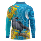 New Zealand Kokako Bird Long Sleeve Polo Shirt Maori Koru With Kowhai Flowers - Aussie Hoodie