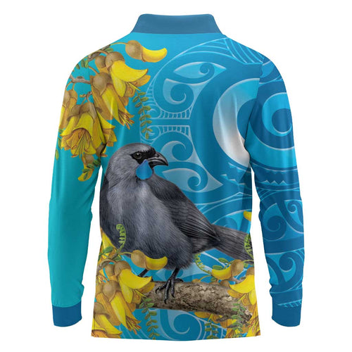 New Zealand Kokako Bird Long Sleeve Polo Shirt Maori Koru With Kowhai Flowers - Aussie Hoodie