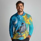 New Zealand Kokako Bird Long Sleeve Polo Shirt Maori Koru With Kowhai Flowers - Aussie Hoodie