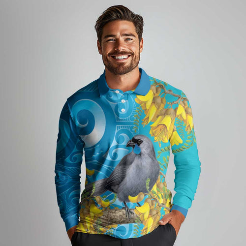 New Zealand Kokako Bird Long Sleeve Polo Shirt Maori Koru With Kowhai Flowers - Aussie Hoodie
