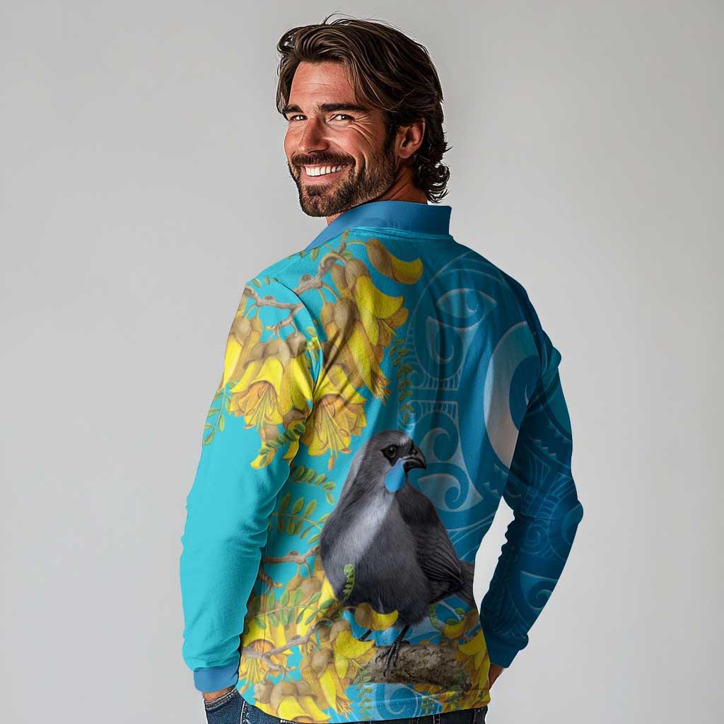 New Zealand Kokako Bird Long Sleeve Polo Shirt Maori Koru With Kowhai Flowers - Aussie Hoodie