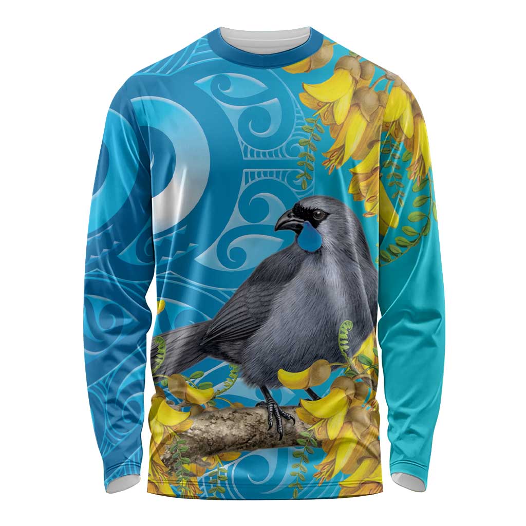 New Zealand Kokako Bird Long Sleeve Shirt Maori Koru With Kowhai Flowers - Aussie Hoodie