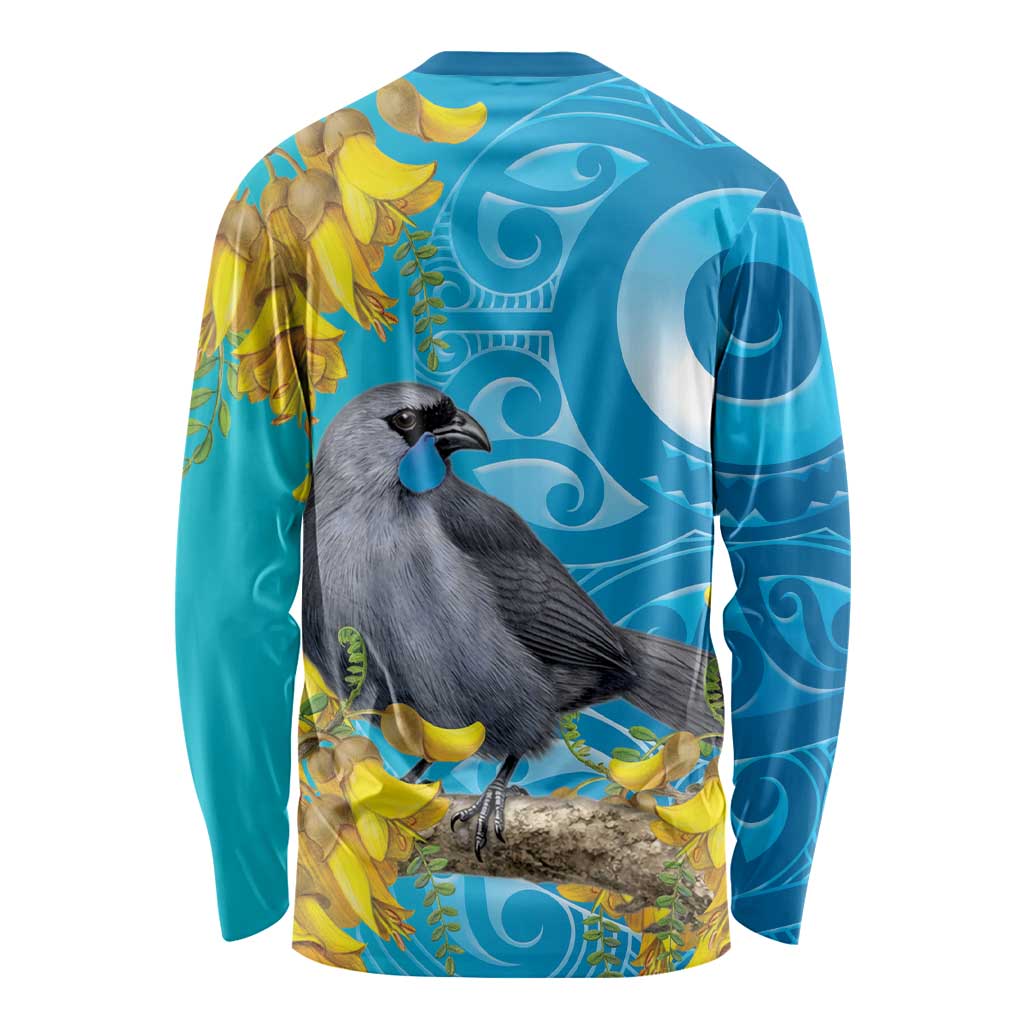 New Zealand Kokako Bird Long Sleeve Shirt Maori Koru With Kowhai Flowers - Aussie Hoodie