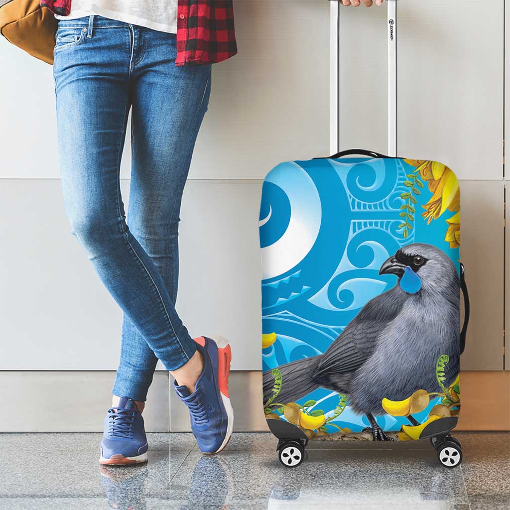 New Zealand Kokako Bird Luggage Cover Maori Koru With Kowhai Flowers - Aussie Hoodie