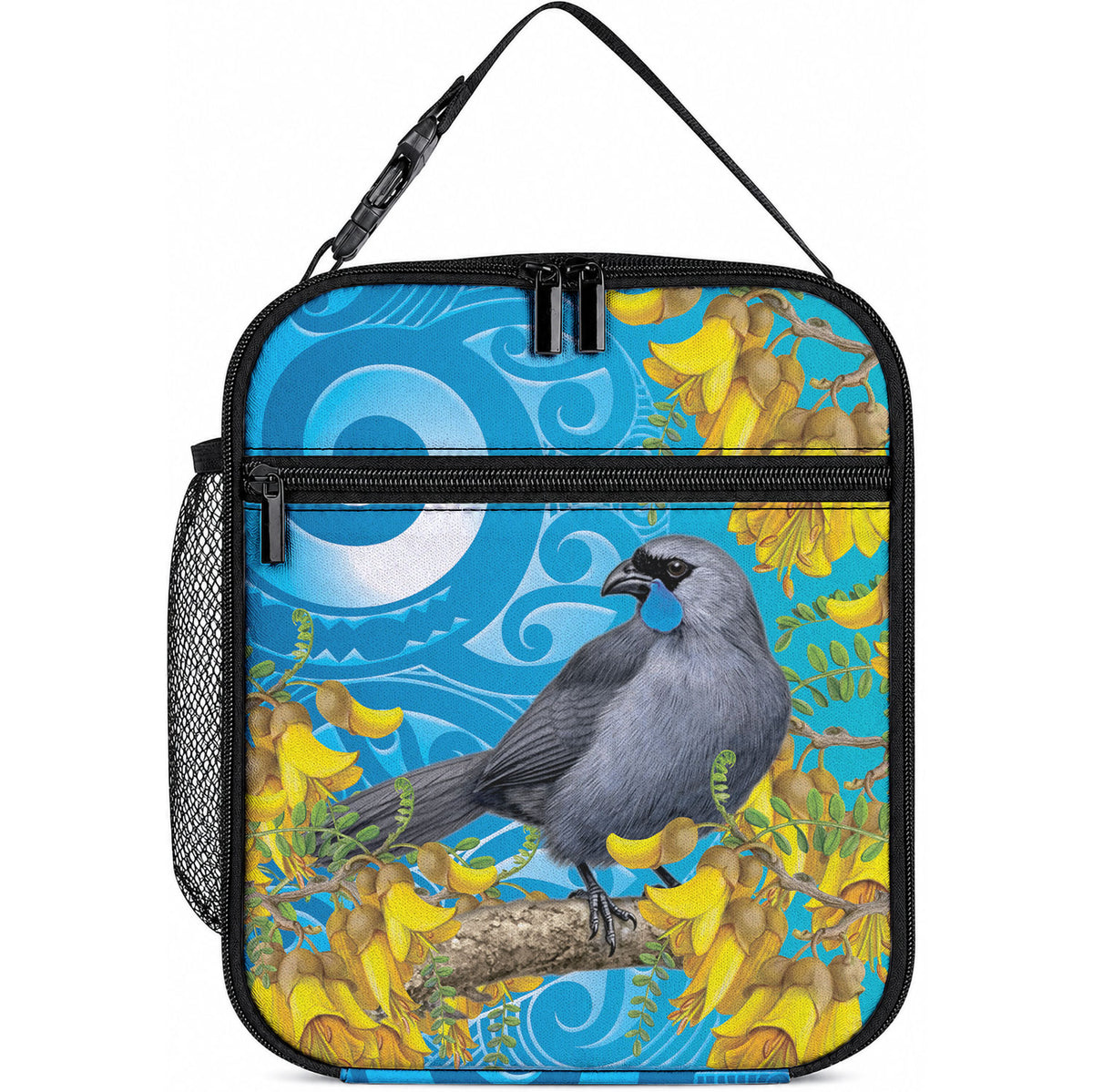 New Zealand Kokako Bird Lunch Bag Maori Koru With Kowhai Flowers